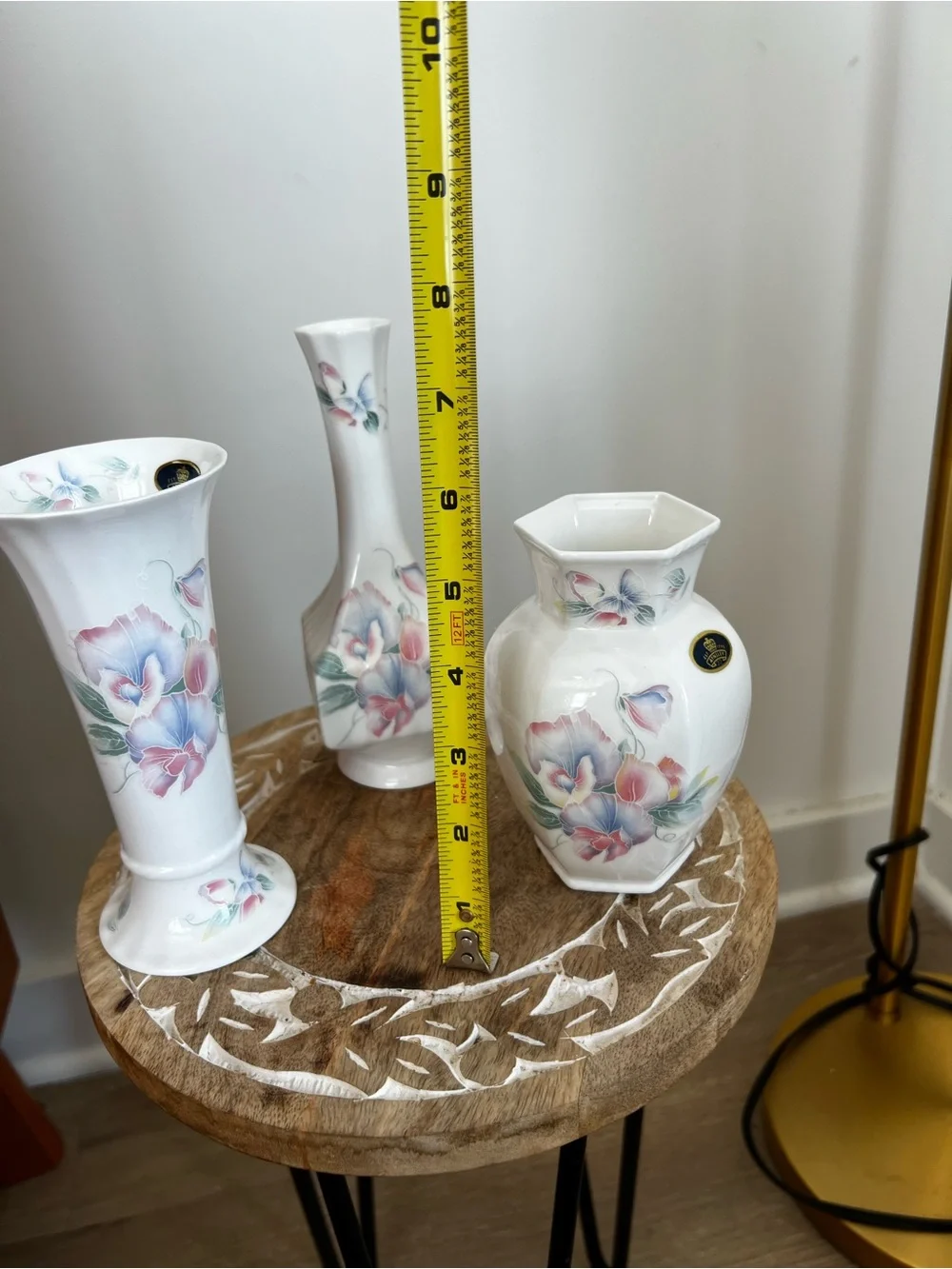 Lot of 3 Aynsley Floral Porcelain Accent Vase - White with Pink & Blue Flowers